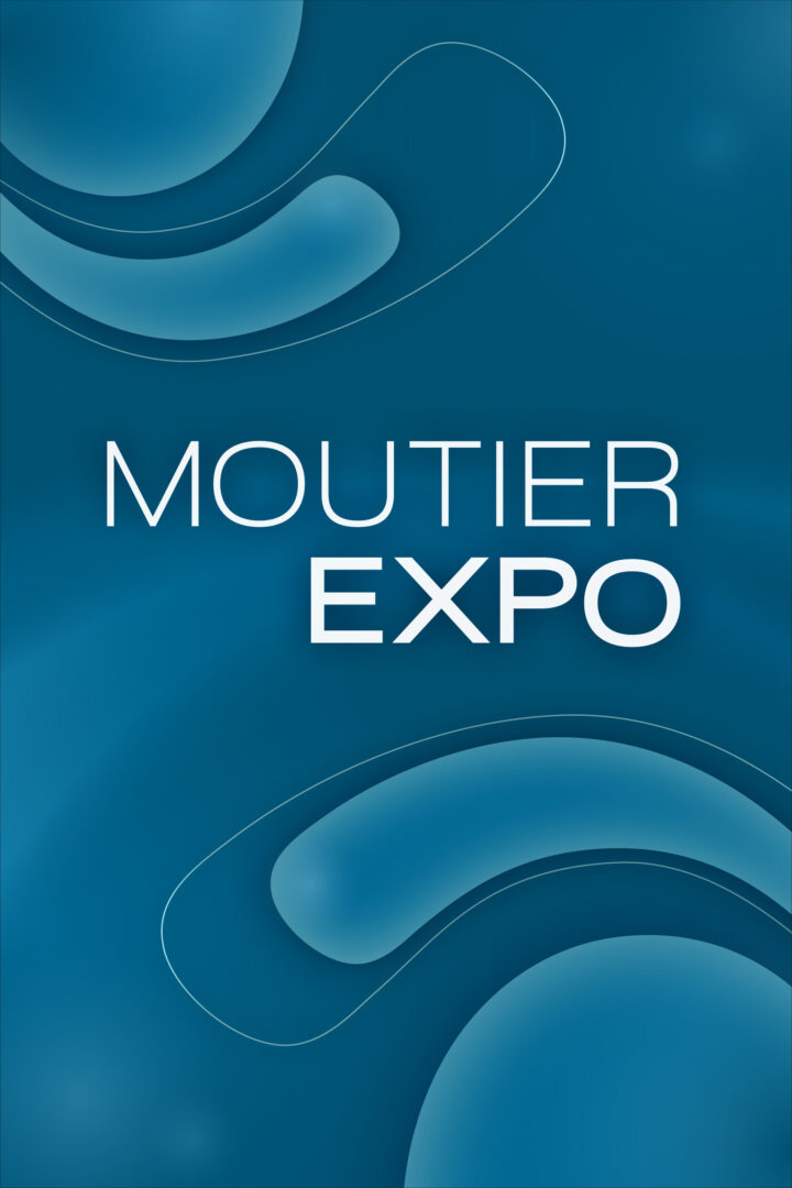 Affiche bleue avec écrit "Moutier Expo".