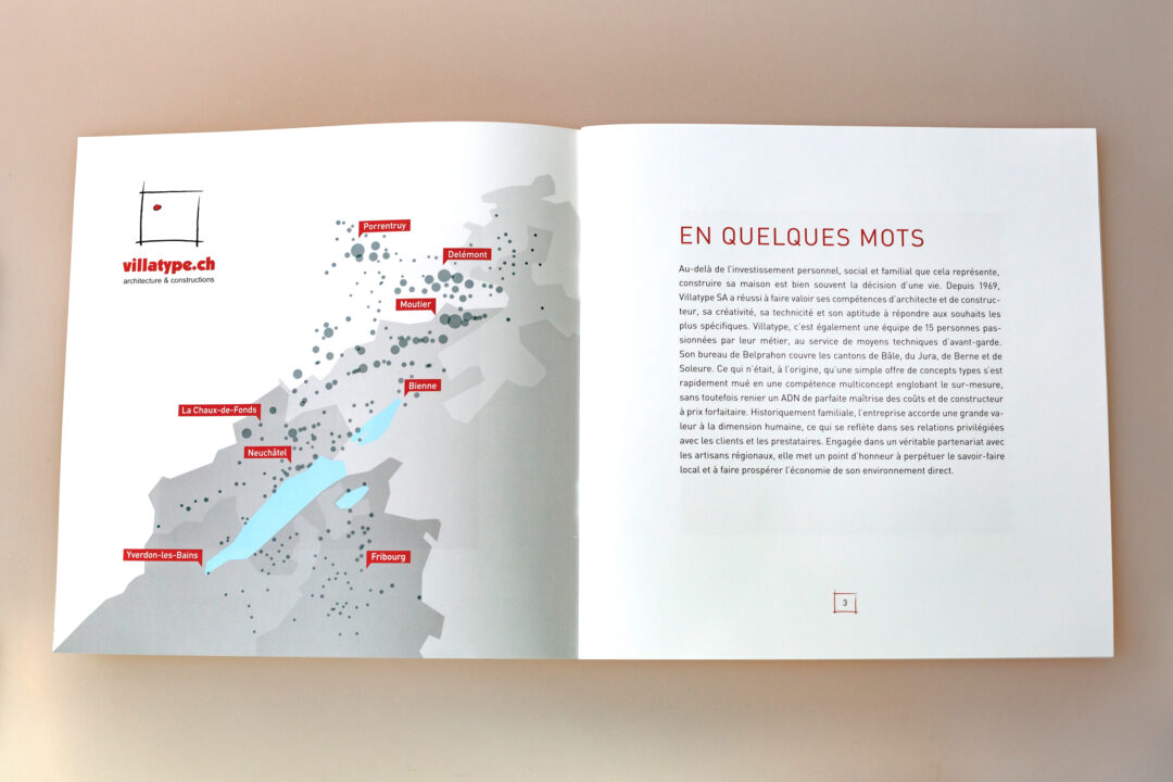 Page de la brochure avec une carte du jura et alentour répertoriant les réalisations.