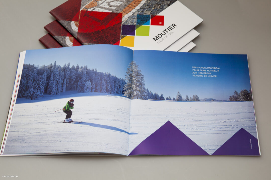 Page de la brochure avec comme image de fond une plaine de montagne enneigée, ou l'on peut voir au loin des sapin et au premier plan un skieur.