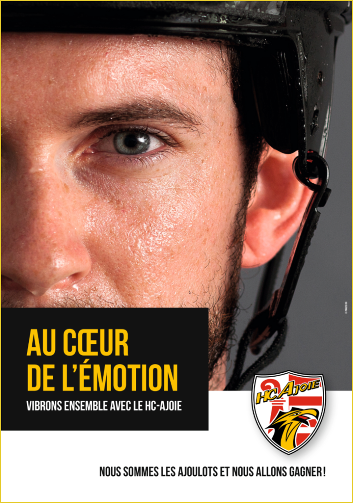 Affiche pour le HC Ajoie présentant la moitié du visage d'un joueur du club