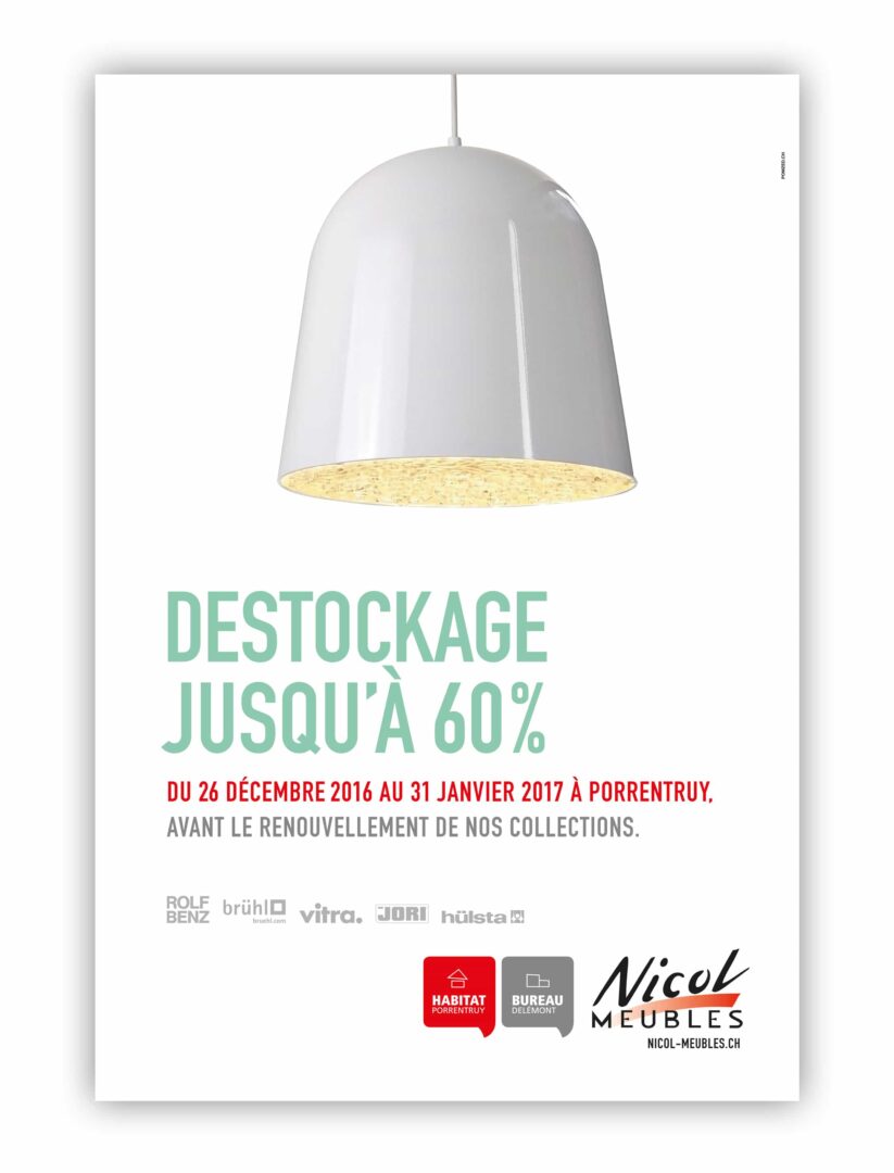 Brochure pour un déstockage jusqu'à 60% chez Nicol meubles porrentruy.