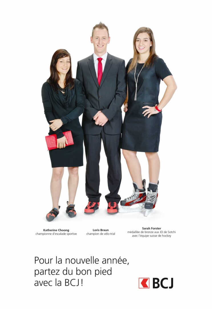 Pub BCJ représentant trois employé, leurs chaussures et leurs niveau dans leurs sports respectifs.