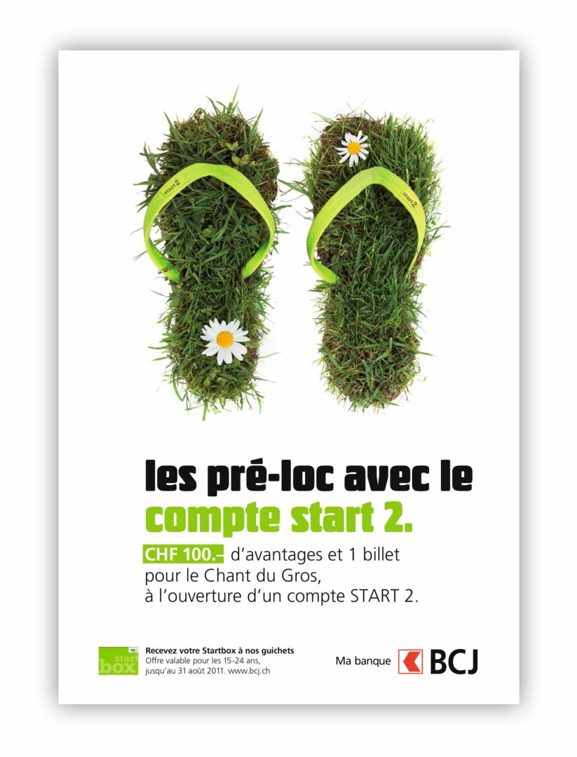 Affiche de pub pour un compte start2 avec des tongue en herbes.