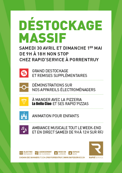 Affiche de pub pour l'évènement "Le printemps dans l'Ajoie" avec le slogan "Déstockage dans la joie" avec la listes des activités.