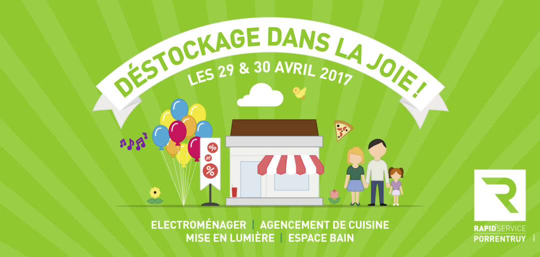 Affiche de pub pour l'évènement "Le printemps dans l'Ajoie" avec le slogan "Déstockage dans la joie".