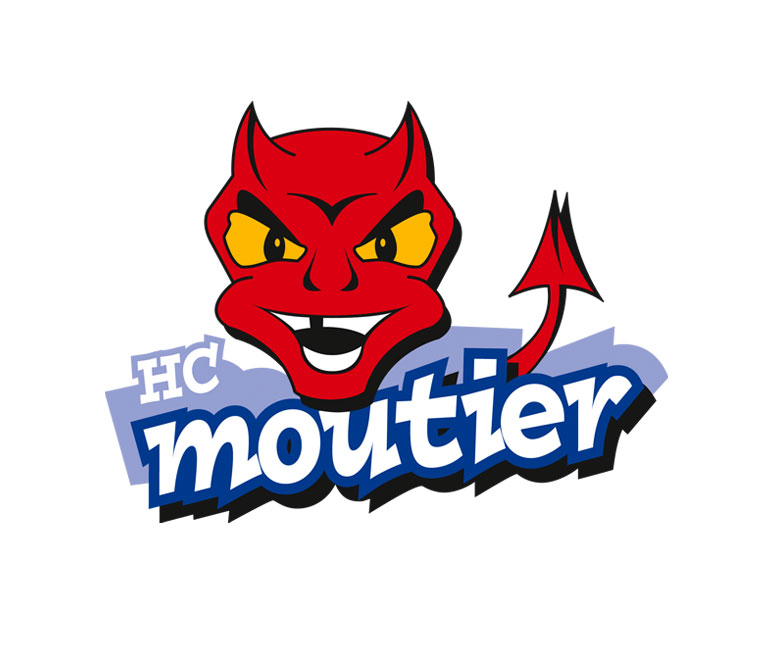 Logo du HC Moutier où l'on voit une une mascotte avec une tête de démon rouge et en dessous le texte "HC Moutier".