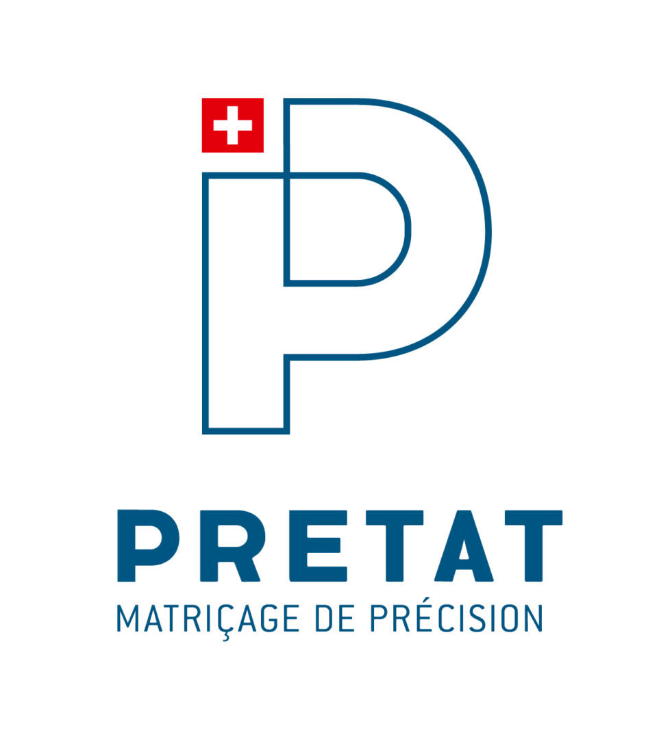 Nouveau logo au fond blanc, un grand P majuscule avec en dessous écrit PRETAT et encore en dessous "Matriçage de précision".