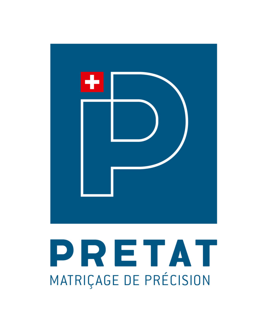 Nouveau logo au fond bleu, un grand P majuscule avec en dessous écrit PRETAT et encore en dessous "Matriçage de précision".