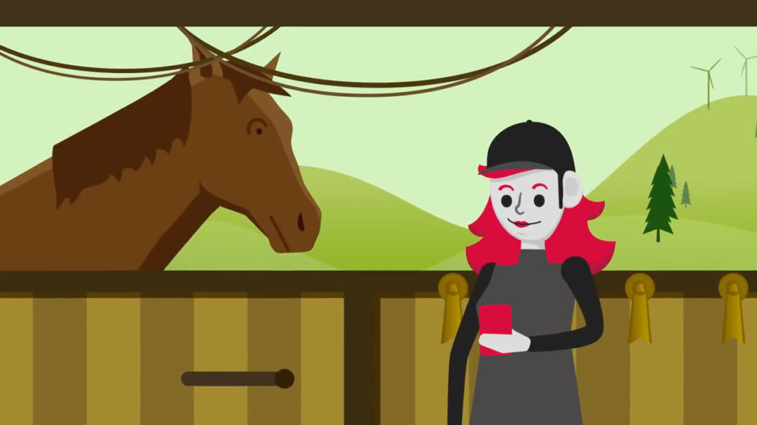 Illustration qui montre que l'on peut aller au guichet virtuel sur son téléphone même si l'on fait du cheval.