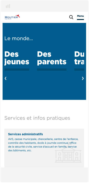 Services et infos pratiques présentés sur la page d’accueil du site internet mobile de Moutier