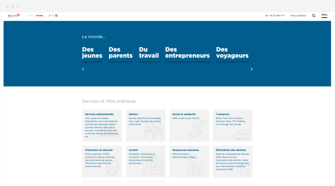 Services et infos pratiques présentés sur la page d’accueil du site internet de Moutier