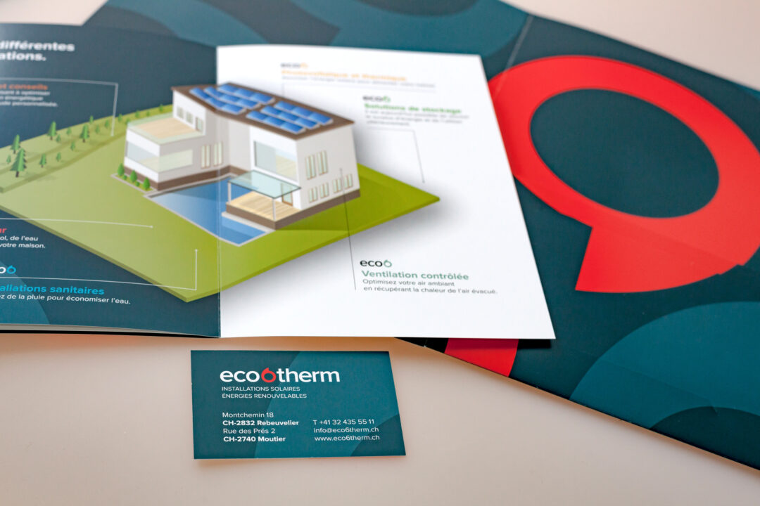 Catalogue, carte et porte document pour eco6therm, l'expert en énergie propre et économique.