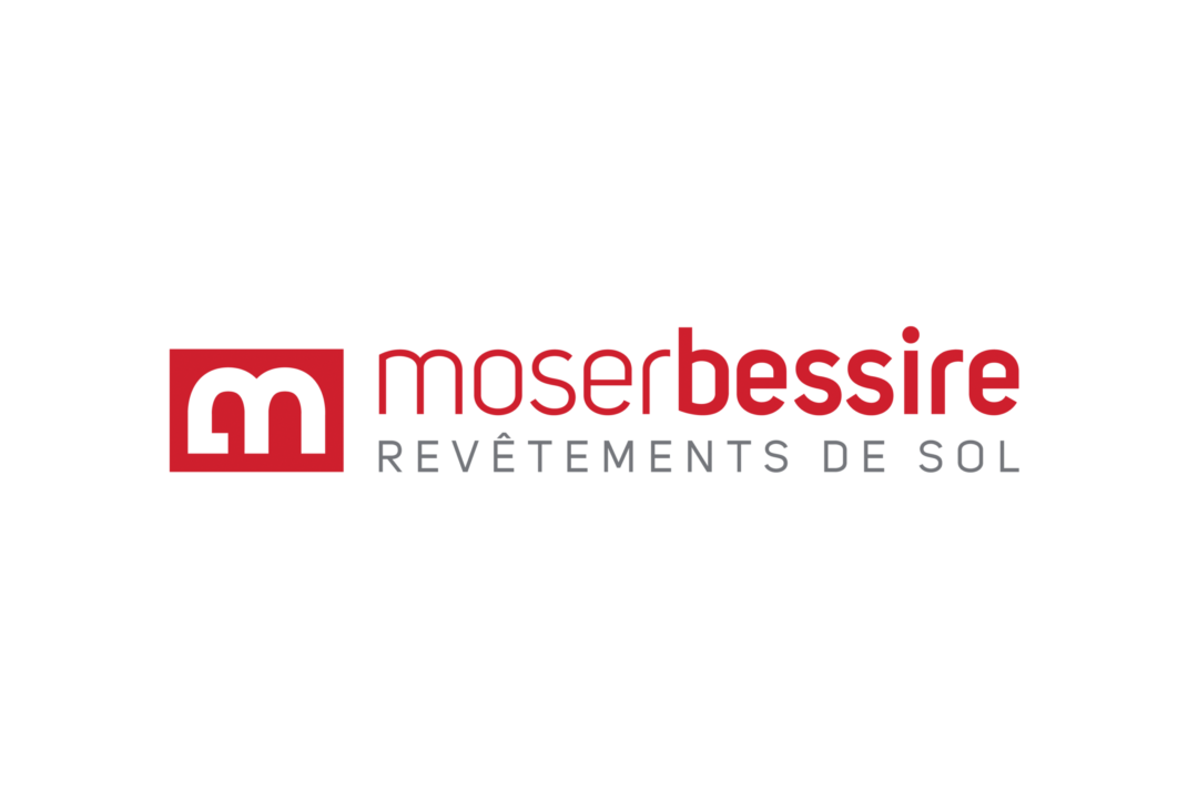 Logo rouge d'un "M" qui ressemble à un "B" retourner ainsi que le texte en rouge "Moser Bessire" et le texte gris en dessous "Revêtements de sol".