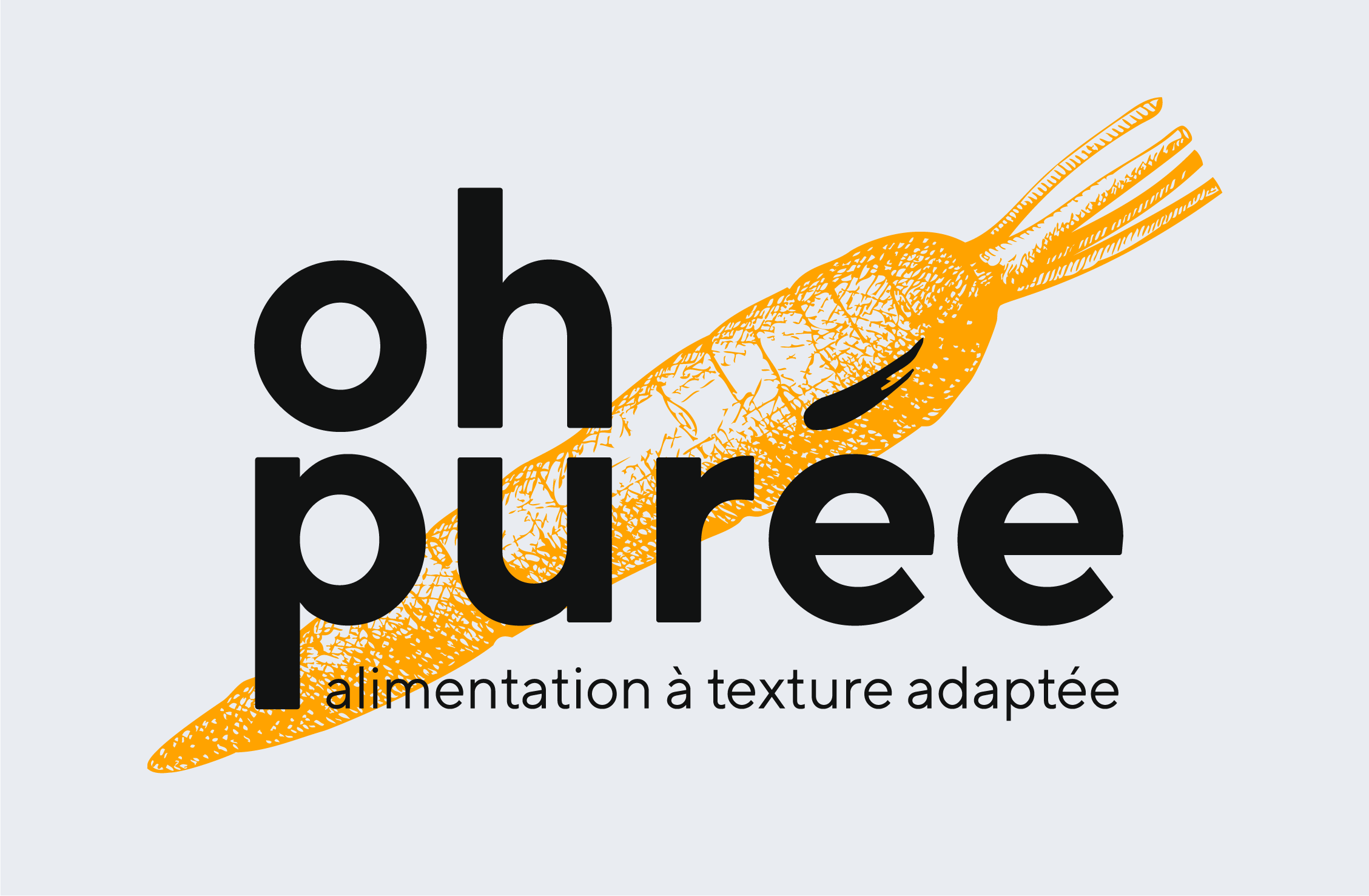 Logo de Oh purée! présentant le logotype Oh purée! avec une carotte gravée derrière