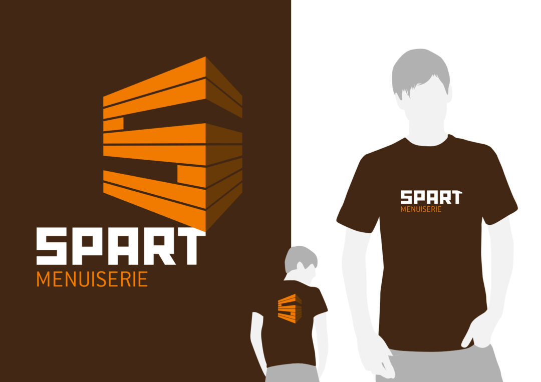 Nouveau logo sur fond brun ainsi qu'un dessin du t-shirt Spart Menuiserie qui est de couleur brun avec écrit Spart Menuiserie sur l'avant et le S derrière le t-shirt.